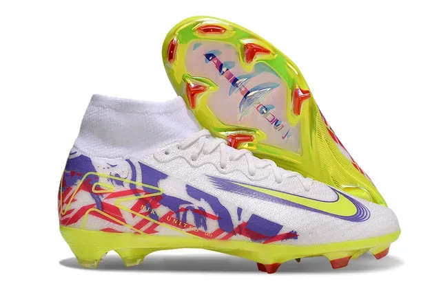 Nike Chaussures de football blanc multicolore haut collet chaussette semelle translucide sol ferme 1