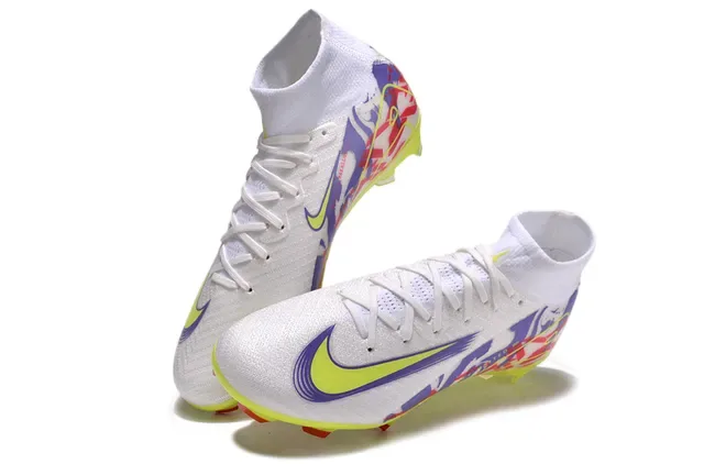 Nike Chaussures de football blanc multicolore haut collet chaussette semelle translucide sol ferme 7