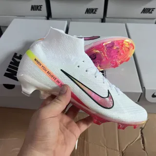 Nike White Pink High-Cut Knit Upper Translucent Gradient Sole Firm-Ground Soccer Shoes