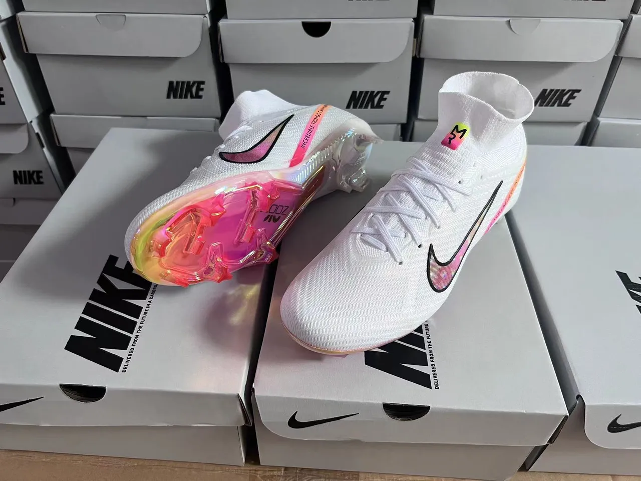 Nike White Pink High-Cut Knit Upper Translucent Gradient Sole Firm-Ground Soccer Shoes 5