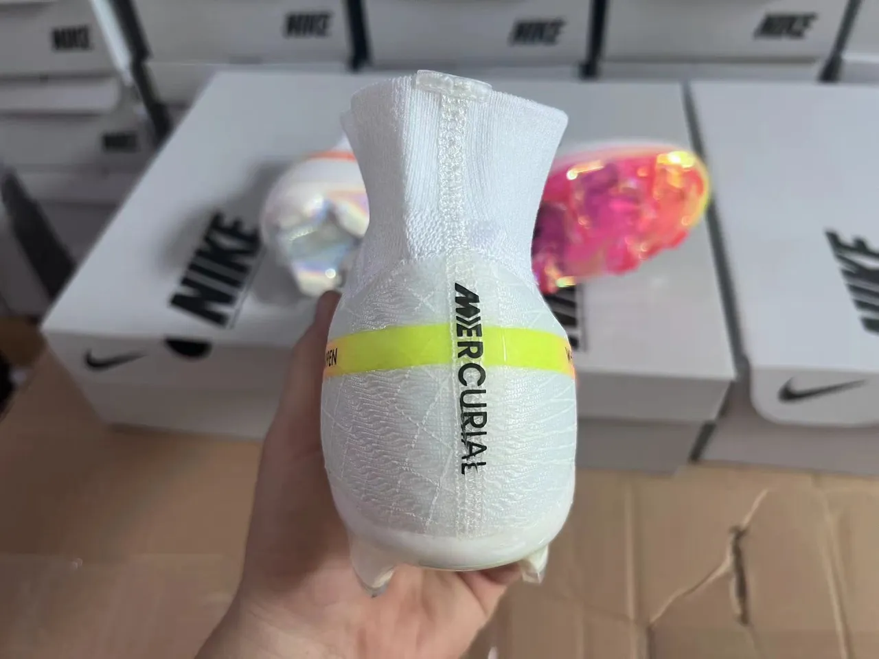 Nike White Pink High-Cut Knit Upper Translucent Gradient Sole Firm-Ground Soccer Shoes 8