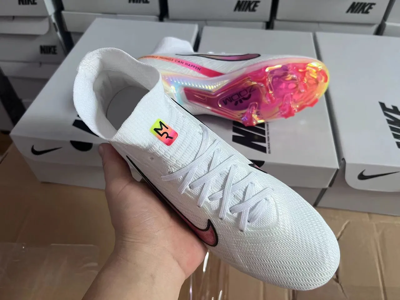 Nike White Pink High-Cut Knit Upper Translucent Gradient Sole Firm-Ground Soccer Shoes 9