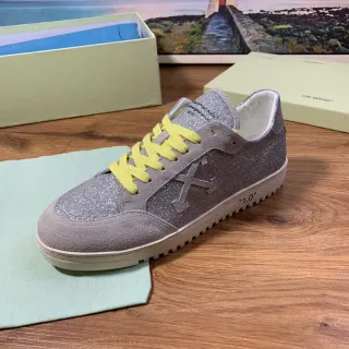 Off-White Industrial Sneaker فضي متلألئ رمادي مخمل حبل أصفر أحذية أسلوب حياة