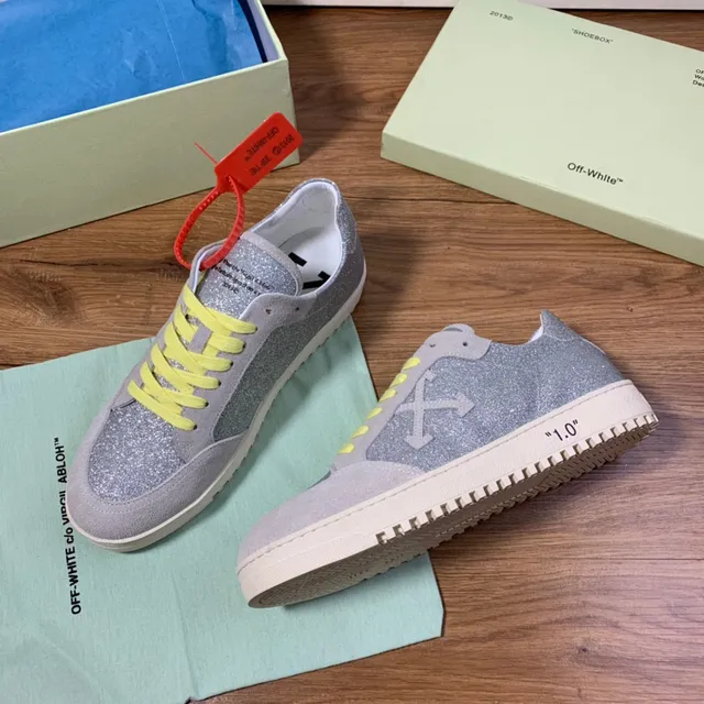 Off-White Industrial Sneaker فضي متلألئ رمادي مخمل حبل أصفر أحذية أسلوب حياة 3