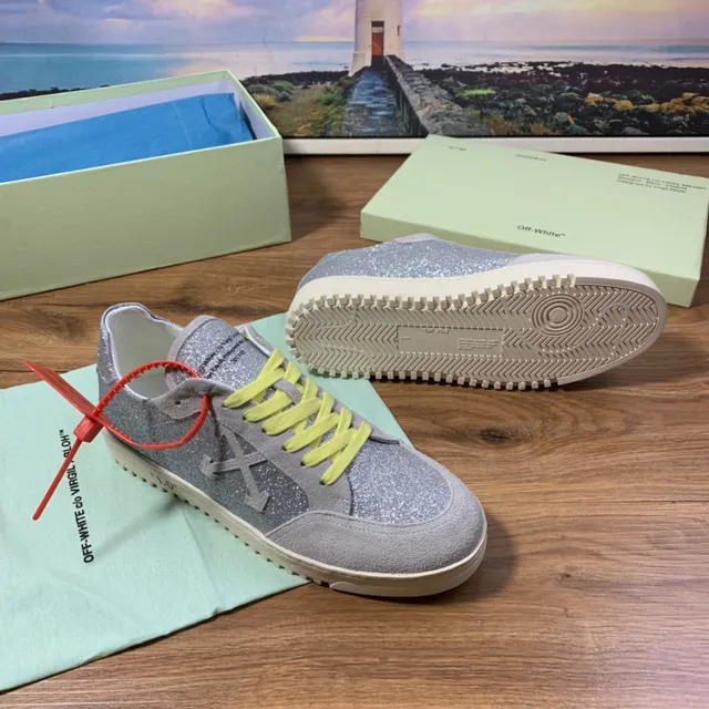 Off-White Industrial Sneaker فضي متلألئ رمادي مخمل حبل أصفر أحذية أسلوب حياة 7