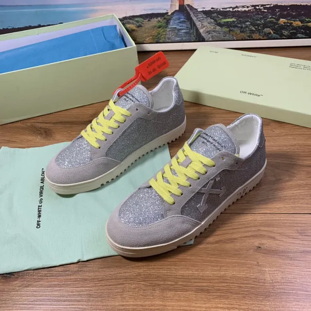 Off-White Industrial Sneaker فضي متلألئ رمادي مخمل حبل أصفر أحذية أسلوب حياة 8