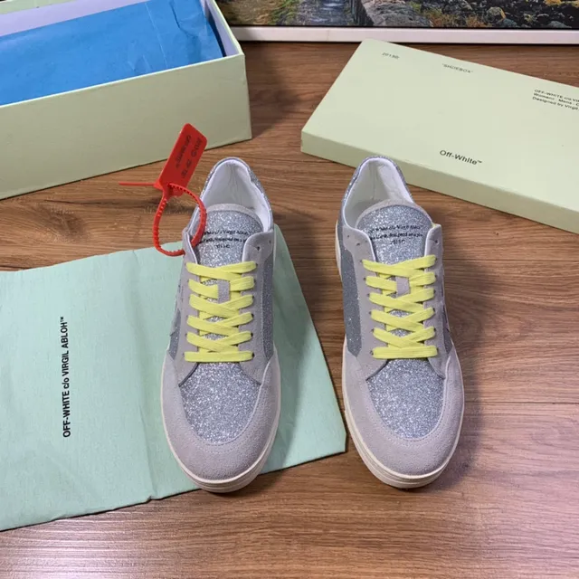 Off-White Industrial Sneaker فضي متلألئ رمادي مخمل حبل أصفر أحذية أسلوب حياة 9