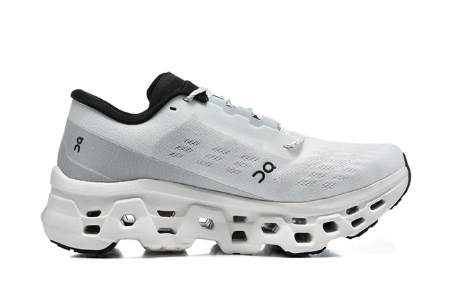 On Cloudmonster Light Gray and Black Running Shoes 4