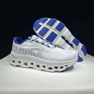 On Cloudmonster White and Blue Running Shoes