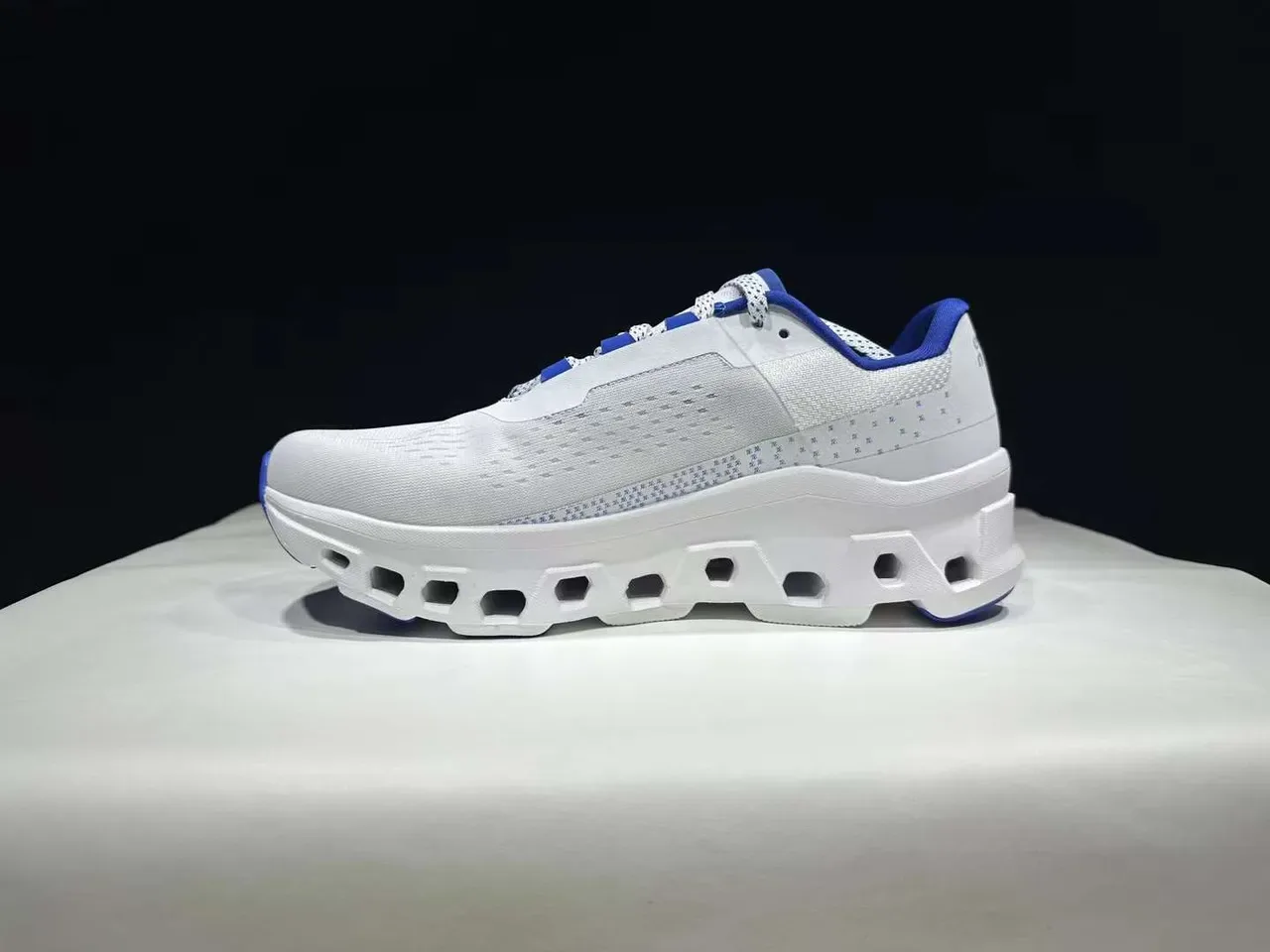 On Cloudmonster White and Blue Running Shoes 3