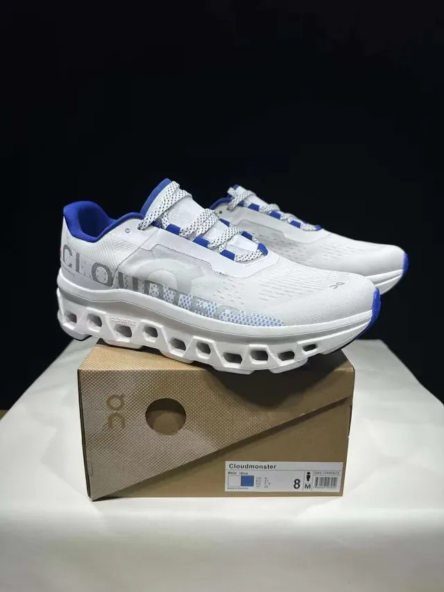 On Cloudmonster White and Blue Running Shoes 8