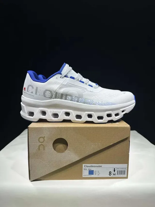 On Cloudmonster White and Blue Running Shoes 9