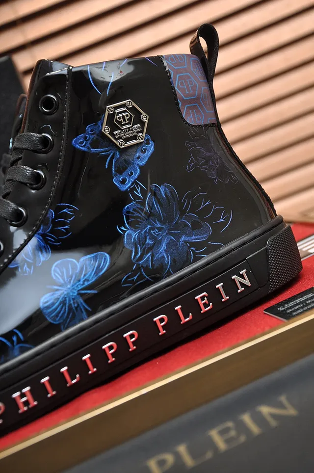 Philipp Plein Chaussures Lifestyle en Cuir Patenté Noir et Bleu Hautes 2