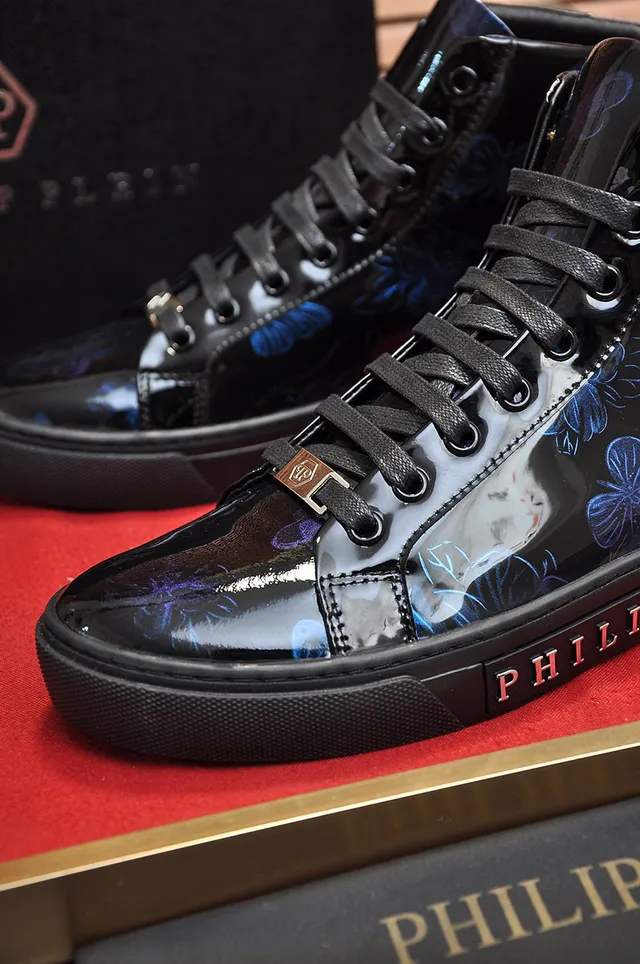 Philipp Plein Chaussures Lifestyle en Cuir Patenté Noir et Bleu Hautes 3