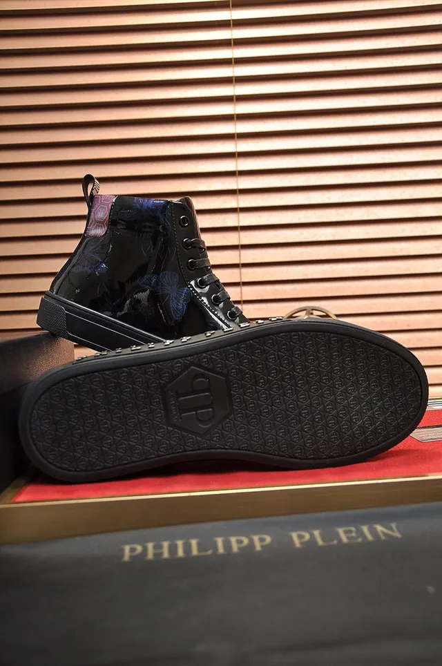 Philipp Plein Chaussures Lifestyle en Cuir Patenté Noir et Bleu Hautes 4