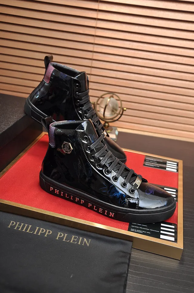 Philipp Plein Chaussures Lifestyle en Cuir Patenté Noir et Bleu Hautes 5