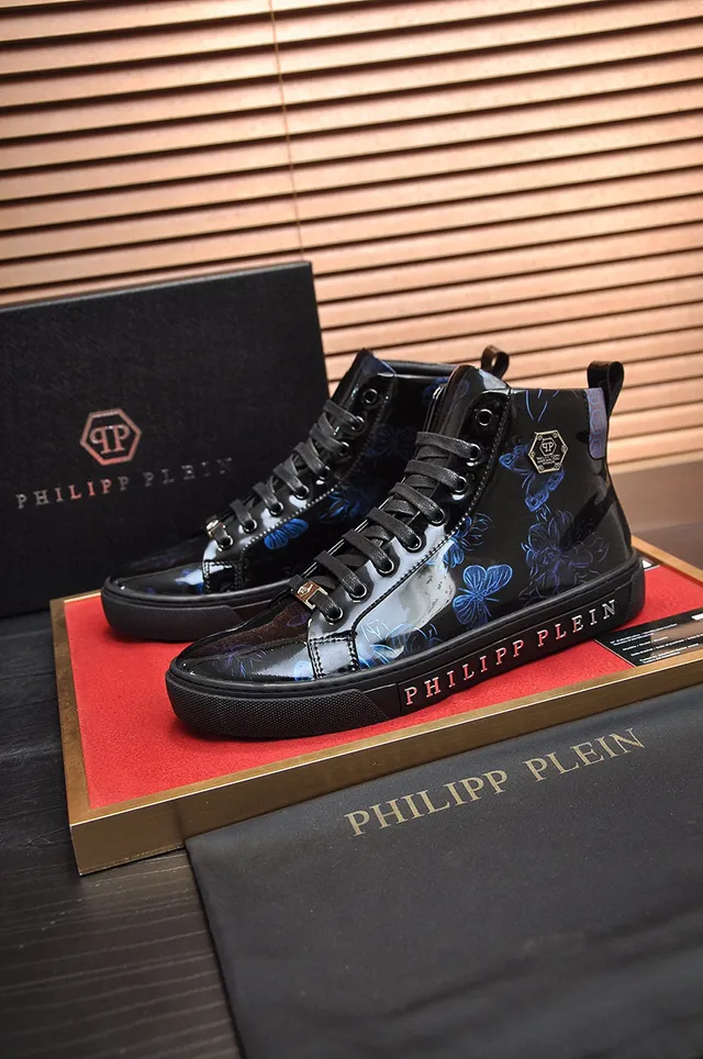 Philipp Plein Chaussures Lifestyle en Cuir Patenté Noir et Bleu Hautes 7