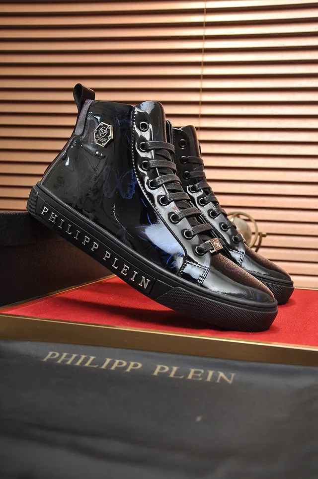 Philipp Plein Chaussures Lifestyle en Cuir Patenté Noir et Bleu Hautes 8