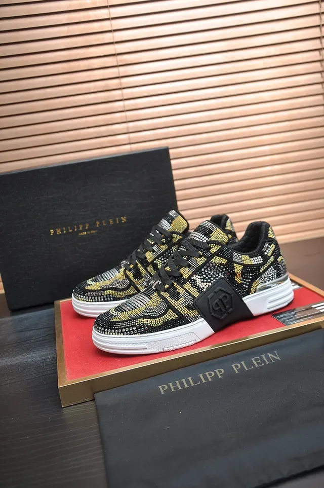 Philipp Plein حذاء رياضي أسلوب حياة أسود ذهبي مزين بكريستالات نقشة الثعبان 4