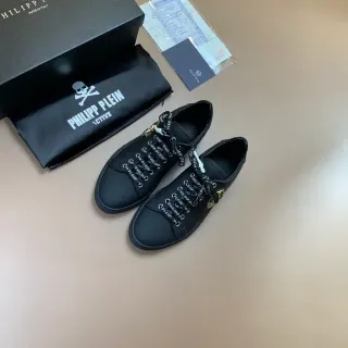 Philipp Plein Black Gold Leather-Like Upper Logo-Printed Laces Lifestyle Sneakers