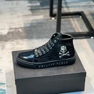 Philipp Plein Black Silver High-Top Patent Croc-Embossed Leather Lifestyle Sneakers