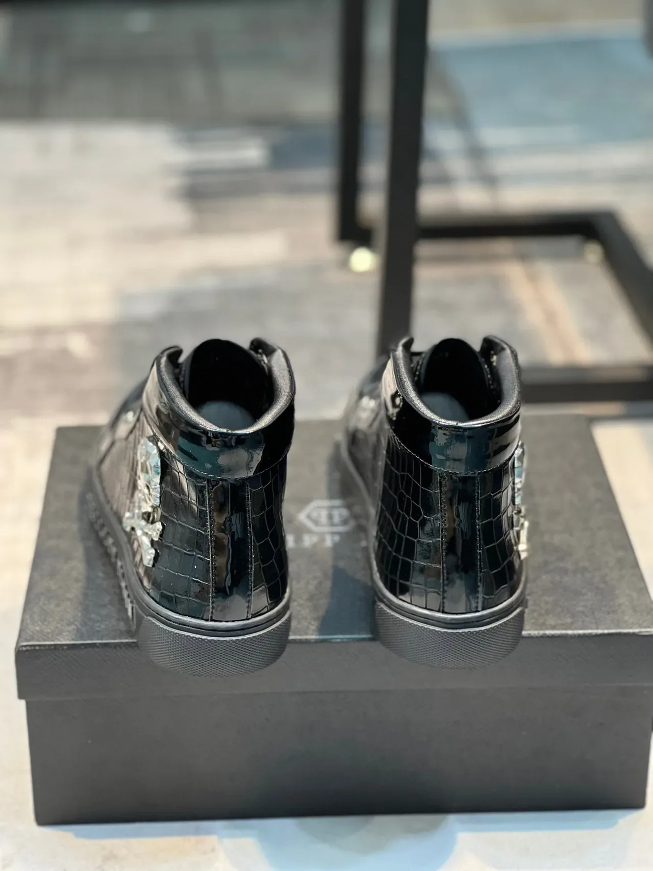 Philipp Plein Noir Argent Baskets Lifestyle Hautes Cuir Patent Embossé Croc 2