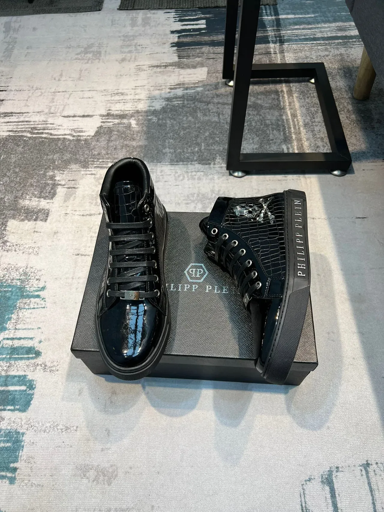 Philipp Plein Noir Argent Baskets Lifestyle Hautes Cuir Patent Embossé Croc 4