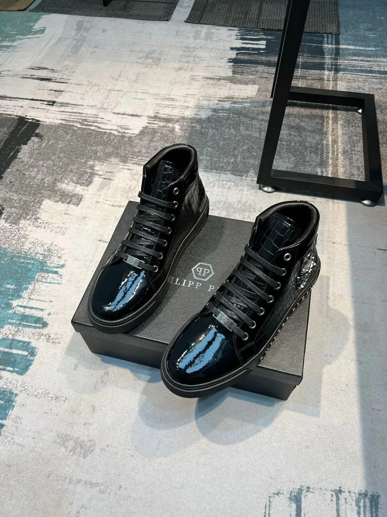 Philipp Plein Noir Argent Baskets Lifestyle Hautes Cuir Patent Embossé Croc 5