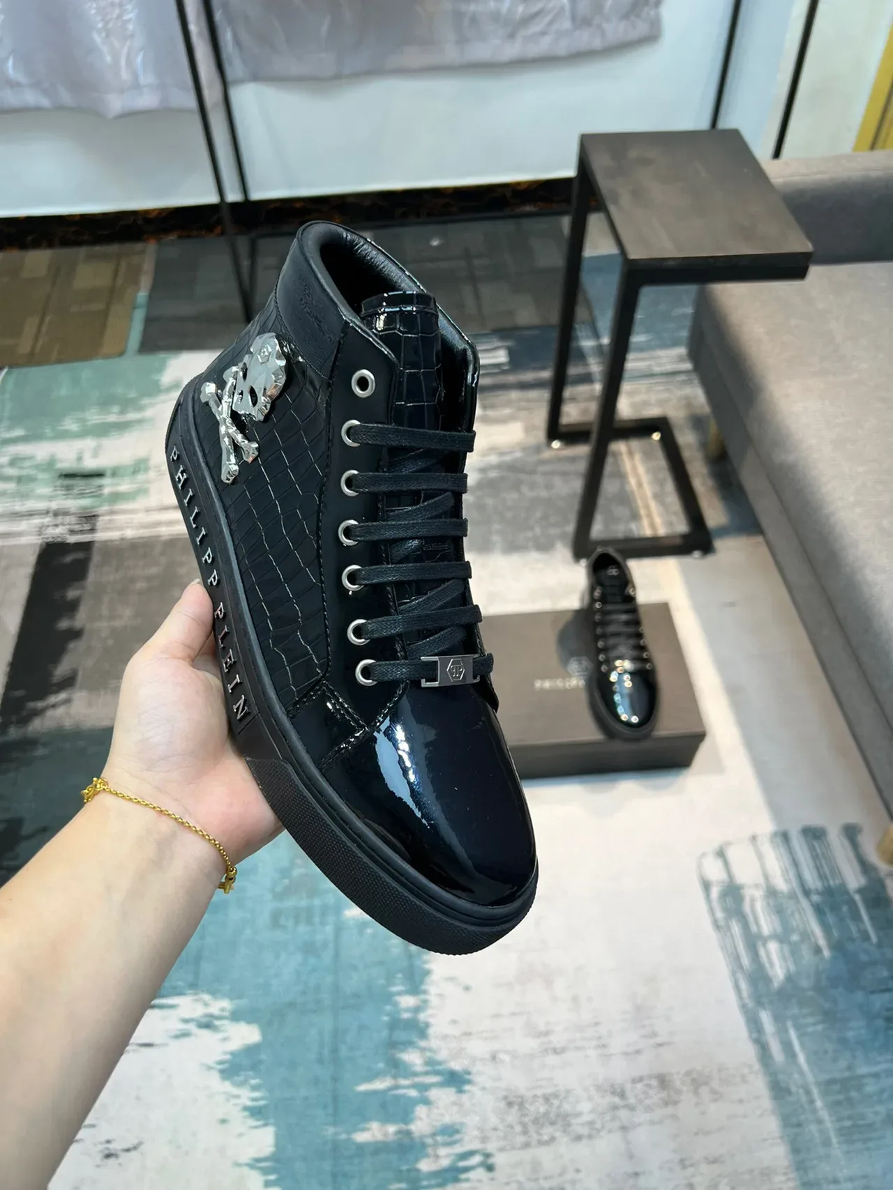 Philipp Plein Noir Argent Baskets Lifestyle Hautes Cuir Patent Embossé Croc 6