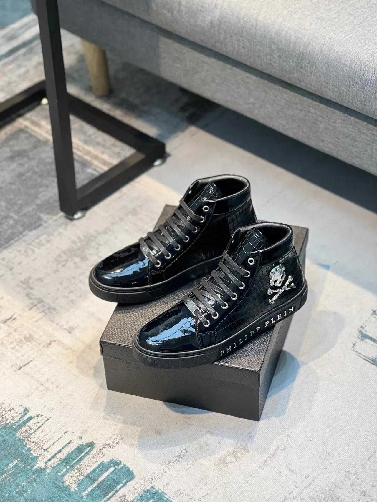 Philipp Plein Noir Argent Baskets Lifestyle Hautes Cuir Patent Embossé Croc 7