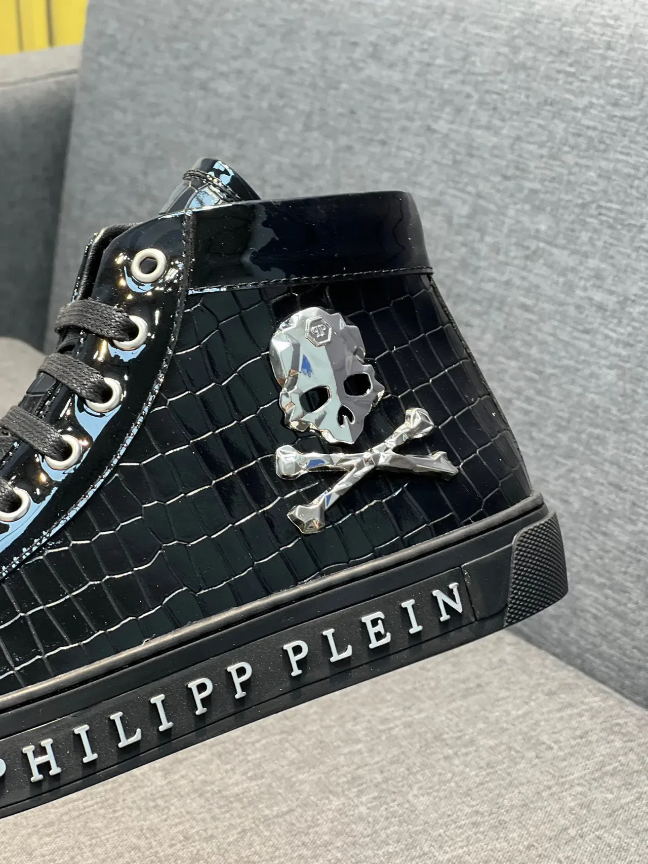 Philipp Plein Noir Argent Baskets Lifestyle Hautes Cuir Patent Embossé Croc 8
