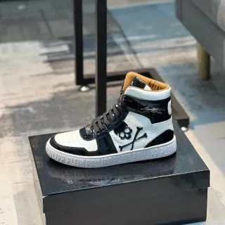 Philipp Plein Black White High-Top Patent Leather Contrast Lifestyle Sneakers