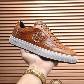 Philipp Plein Brown White Croc-Embossed Leather Metallic PP Monogram Lifestyle Sneakers