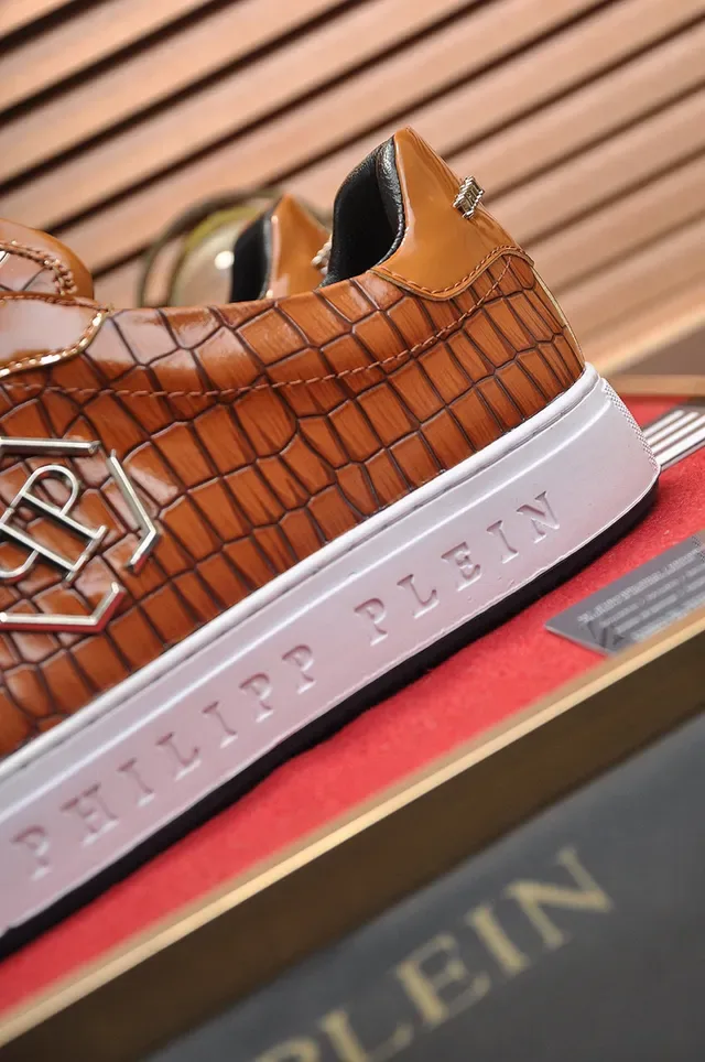 Philipp Plein Brown White Croc-Embossed Leather Metallic PP Monogram Lifestyle Sneakers 2