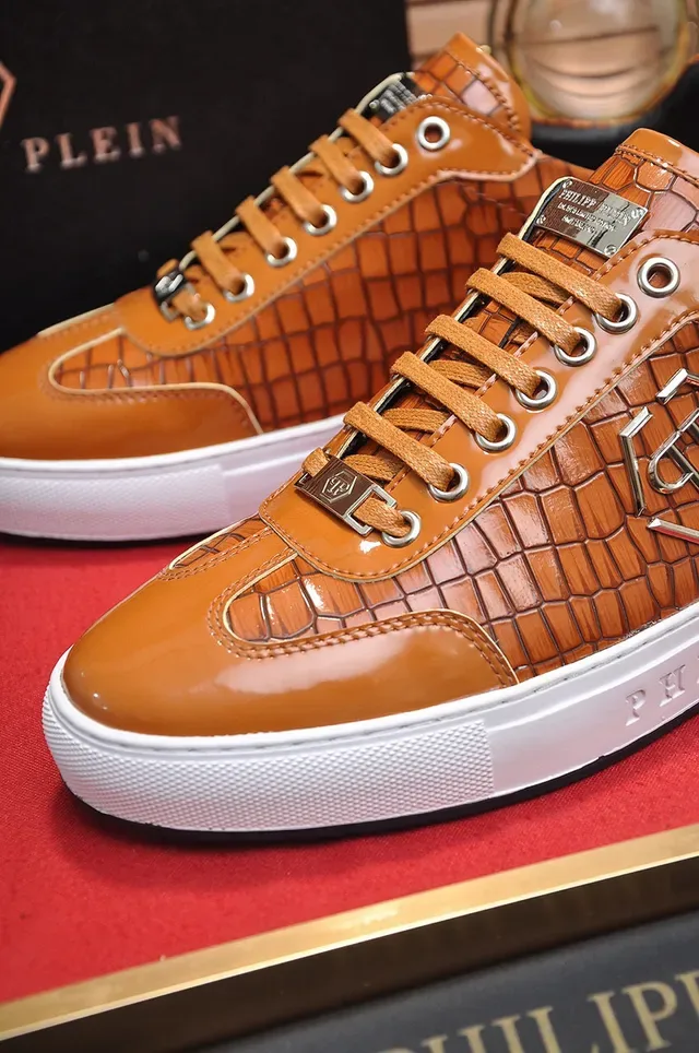 Philipp Plein Brown White Croc-Embossed Leather Metallic PP Monogram Lifestyle Sneakers 3