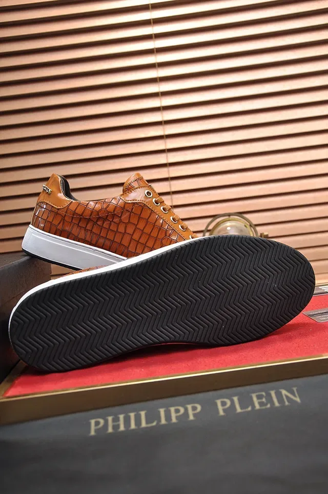 Philipp Plein Brown White Croc-Embossed Leather Metallic PP Monogram Lifestyle Sneakers 4