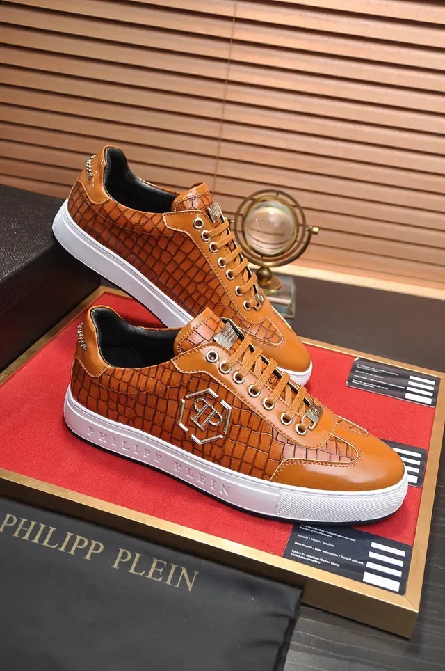 Philipp Plein Brown White Croc-Embossed Leather Metallic PP Monogram Lifestyle Sneakers 5