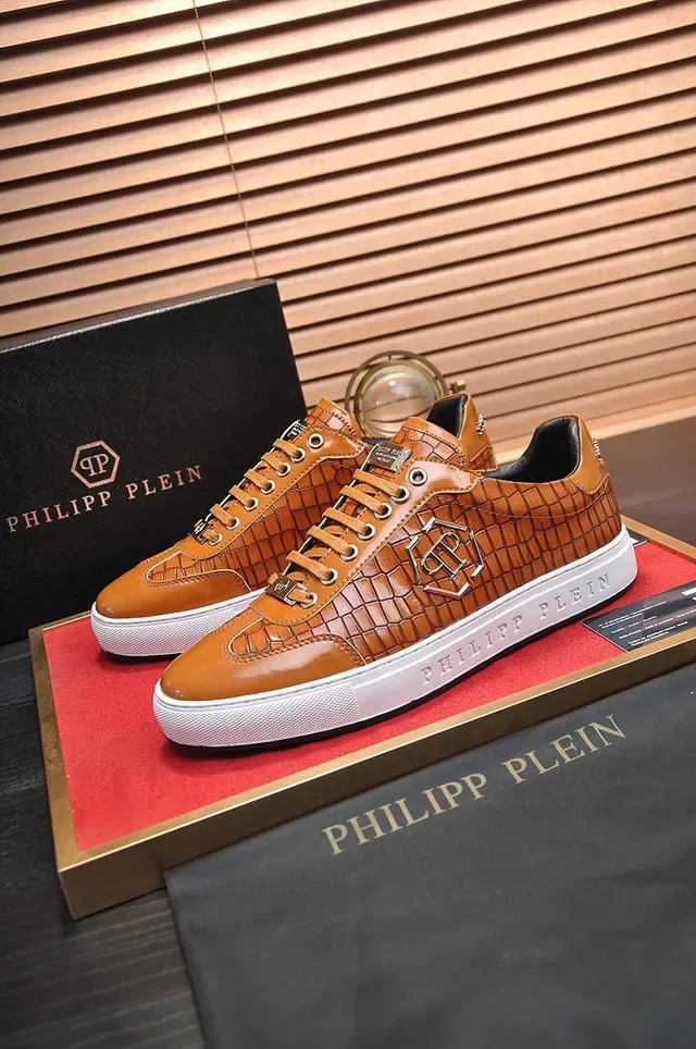 Philipp Plein Brown White Croc-Embossed Leather Metallic PP Monogram Lifestyle Sneakers 7
