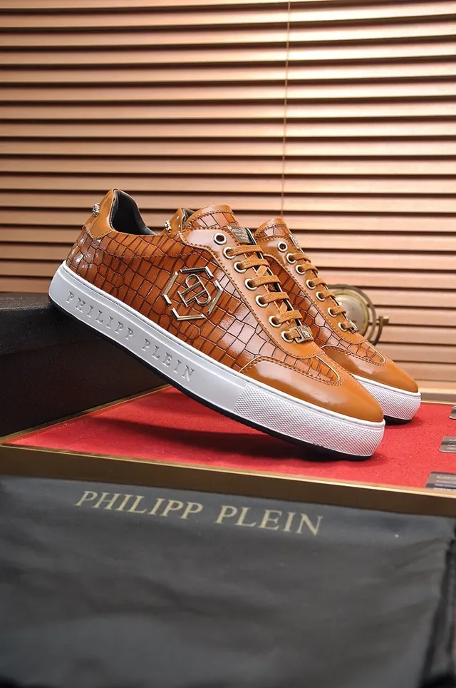 Philipp Plein Brown White Croc-Embossed Leather Metallic PP Monogram Lifestyle Sneakers 8