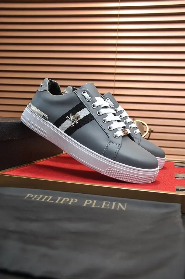 Philipp Plein Sneakers Lifestyle Gris Blanc Cuir Supérieur Étiquette de Talon Métallique 8
