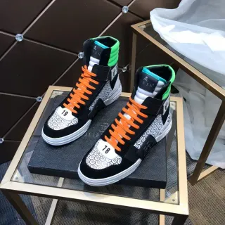 Philipp Plein High-Top Sneakers Black Orange Green Hexagonal Pattern Lifestyle Sneakers