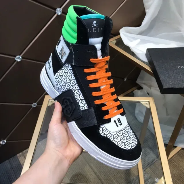 Philipp Plein Sneakers Hautes Noir Orange Vert Motif Hexagonal Lifestyle 2