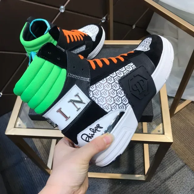 Philipp Plein Sneakers Hautes Noir Orange Vert Motif Hexagonal Lifestyle 3