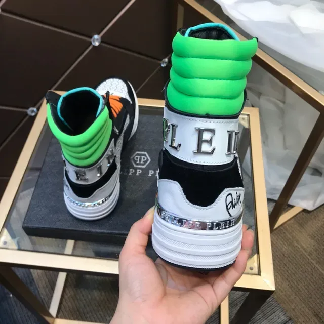 Philipp Plein Sneakers Hautes Noir Orange Vert Motif Hexagonal Lifestyle 6