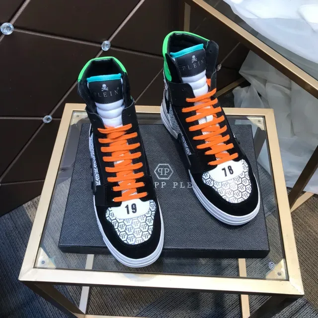 Philipp Plein Sneakers Hautes Noir Orange Vert Motif Hexagonal Lifestyle 7