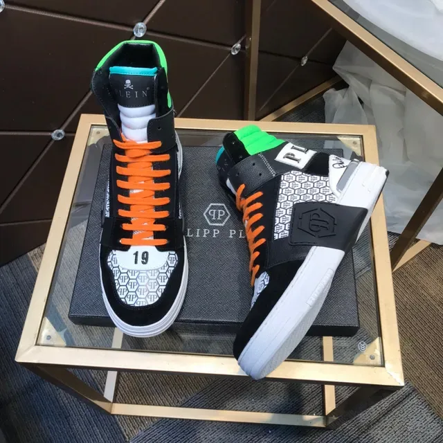 Philipp Plein Sneakers Hautes Noir Orange Vert Motif Hexagonal Lifestyle 8