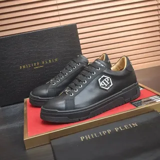 Philipp Plein Liquid Black Beige Leather Upper Hexagonal PP Logo Patch Lifestyle Sneakers