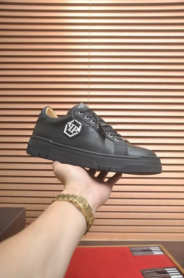 Philipp Plein साइलंट أسود بيج جلد علوي سداسي PP شعار لصق أسلوب حياة حذاء رياضي 2