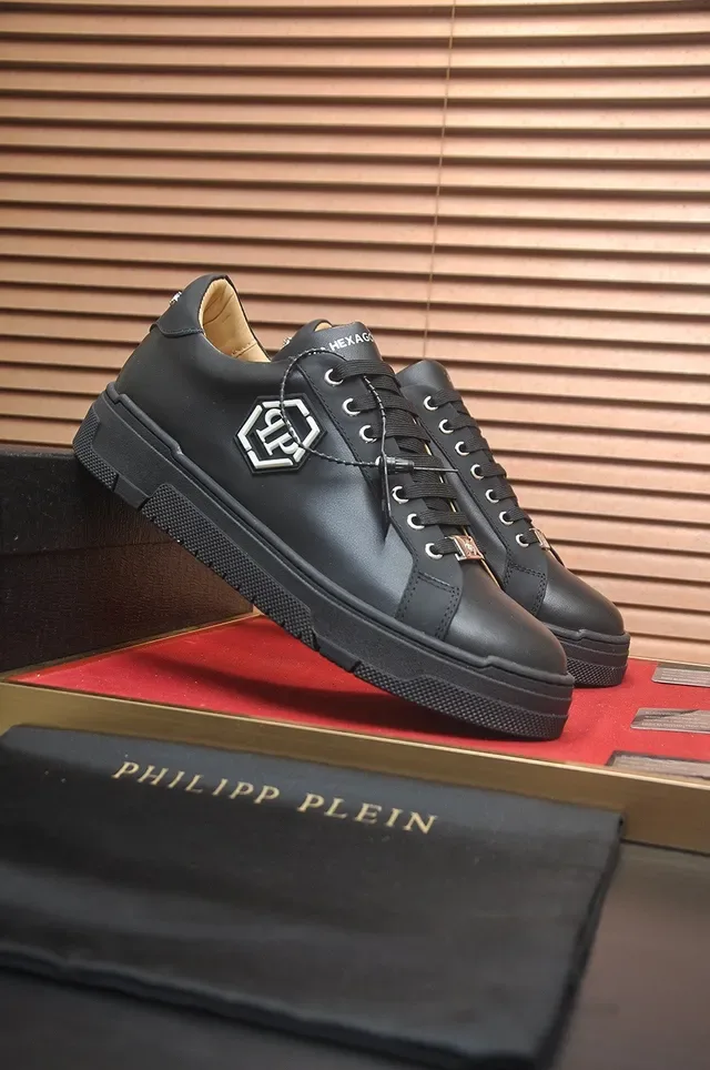 Philipp Plein साइलंट أسود بيج جلد علوي سداسي PP شعار لصق أسلوب حياة حذاء رياضي 4