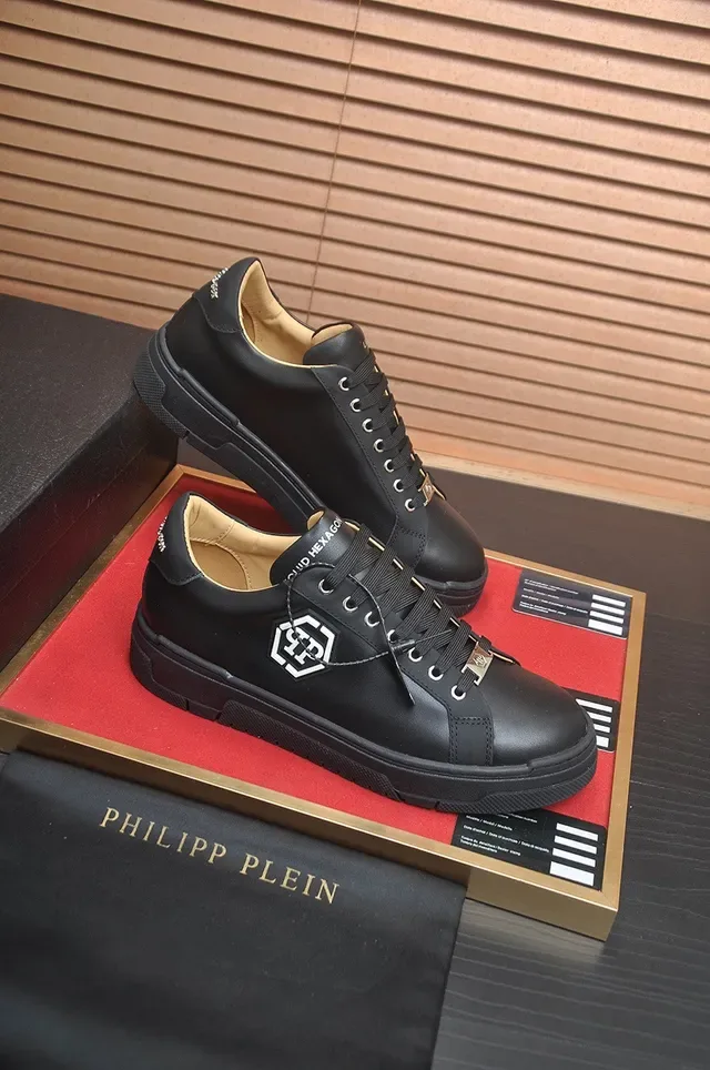 Philipp Plein साइलंट أسود بيج جلد علوي سداسي PP شعار لصق أسلوب حياة حذاء رياضي 6
